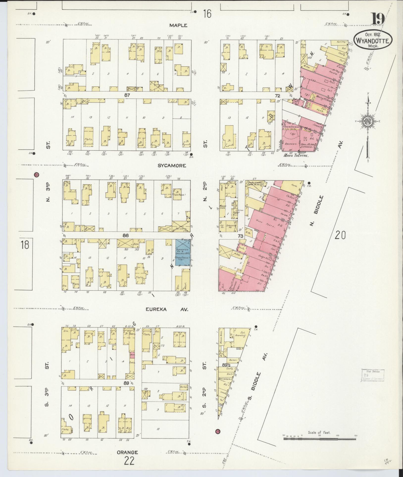 Sanborn Fire Insurance Map from Wyandotte, Wayne County, Michigan (1912), Sheet #0019 - Historic Sanborn Fire Insurance Map Print, vintage old map wall art, antique decor, genealogy gift, Michigan Michigan map