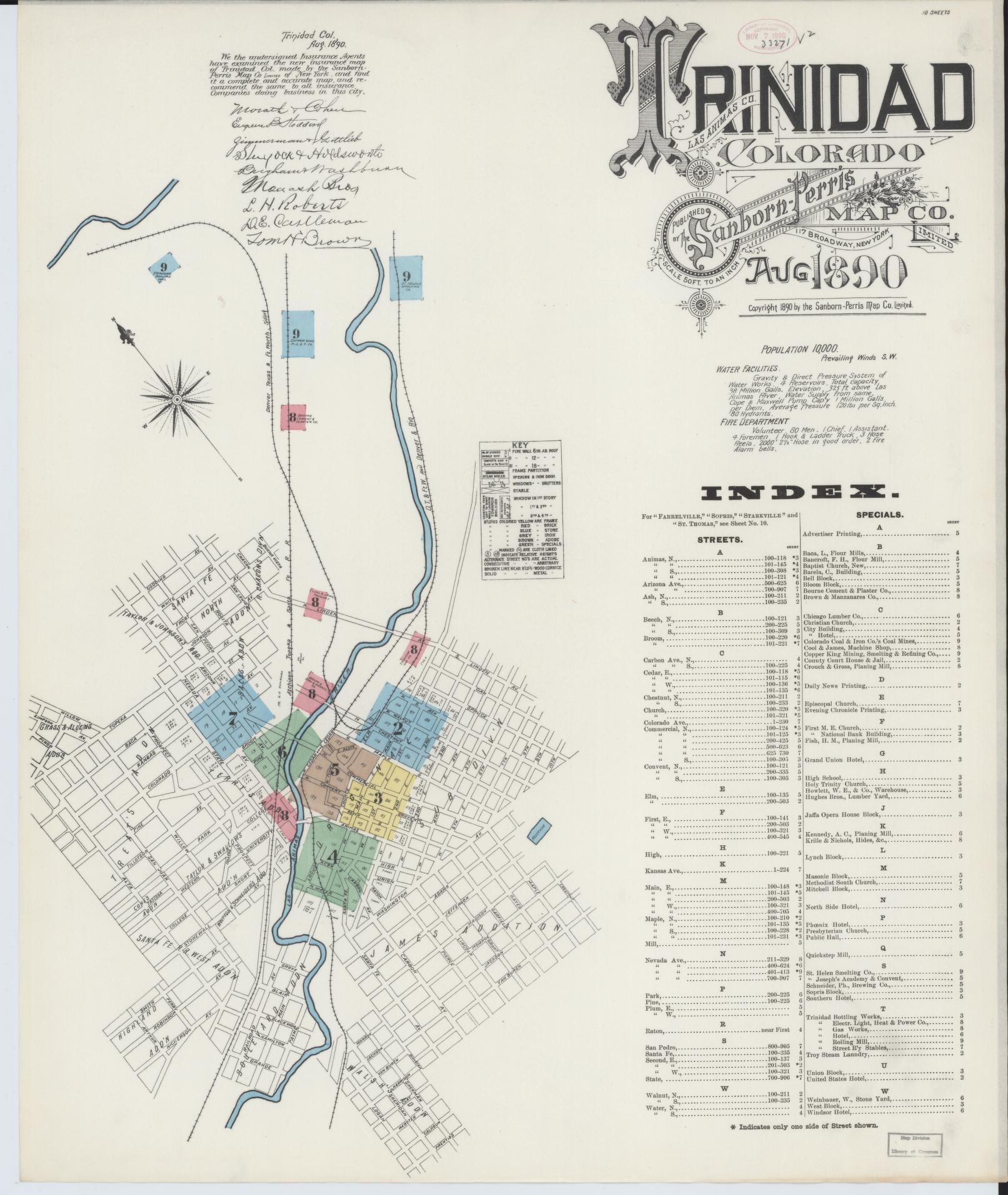 Sanborn Fire Insurance Map from Trinidad, Las Animas County, Colorado (1890), Sheet #0001 - Historic Sanborn Fire Insurance Map Print, vintage old map wall art, antique decor, genealogy gift, Colorado Colorado map
