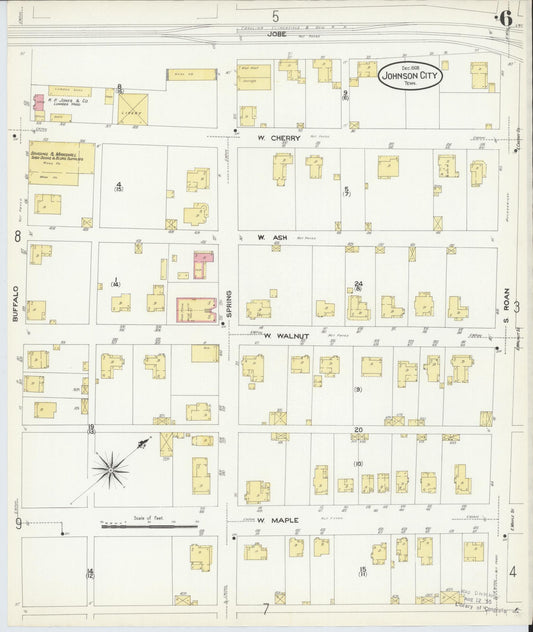 Sanborn Fire Insurance Map from Johnson City, Washington County, Tennessee (1908), Sheet #0006 - Historic Sanborn Fire Insurance Map Print, vintage old map wall art, antique decor, genealogy gift, Tennessee Tennessee map