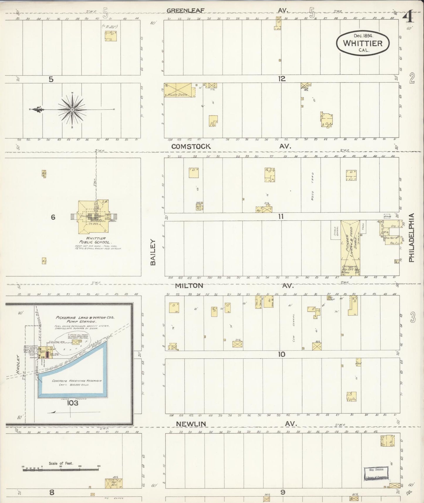 Sanborn Fire Insurance Map from Whittier, Los Angeles County, California (1894), Sheet #0004 - Complete Map Set gallery image, historic Sanborn map, vintage wall art, California California