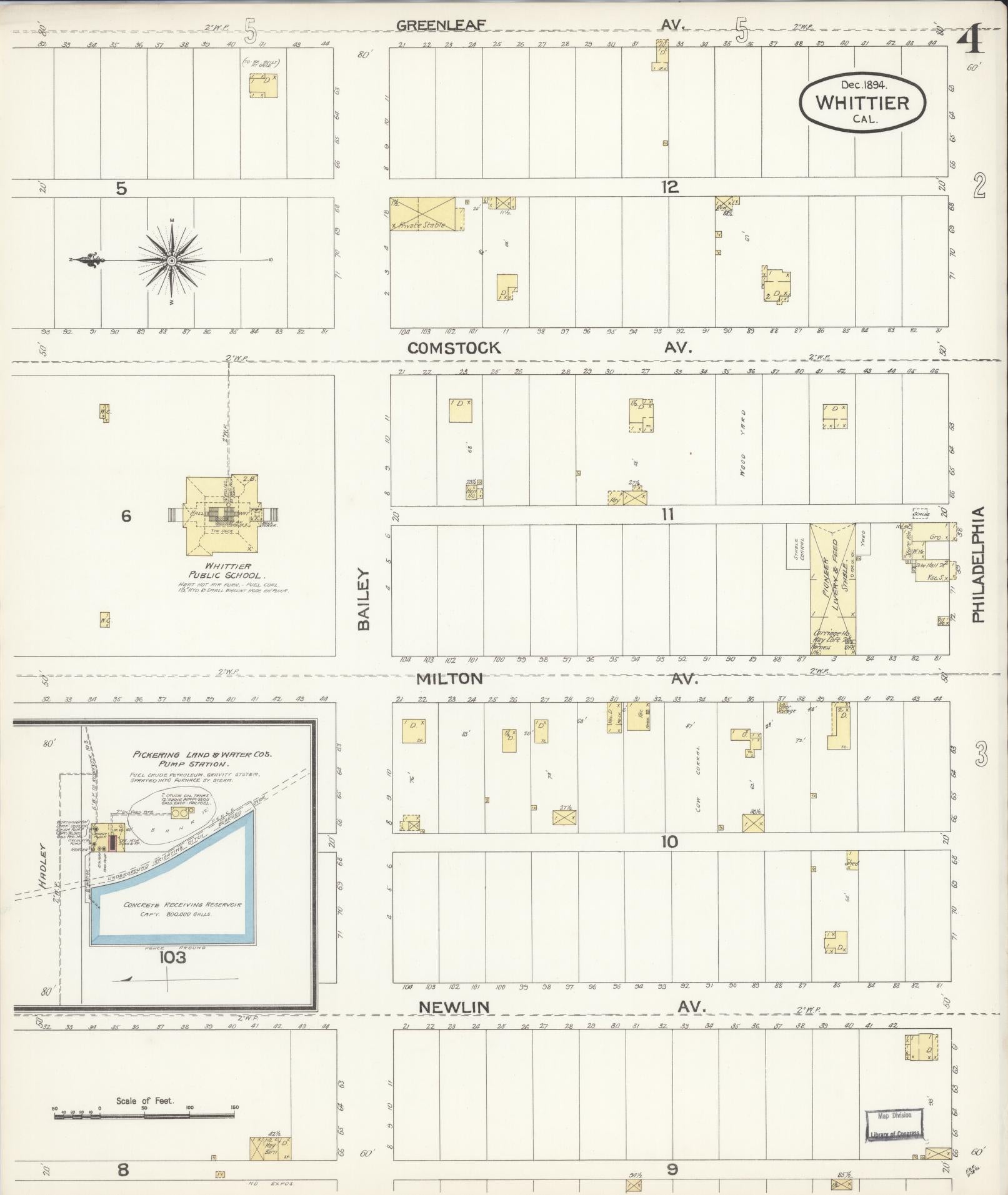 Sanborn Fire Insurance Map from Whittier, Los Angeles County, California (1894), Sheet #0004 - Complete Map Set gallery image, historic Sanborn map, vintage wall art, California California