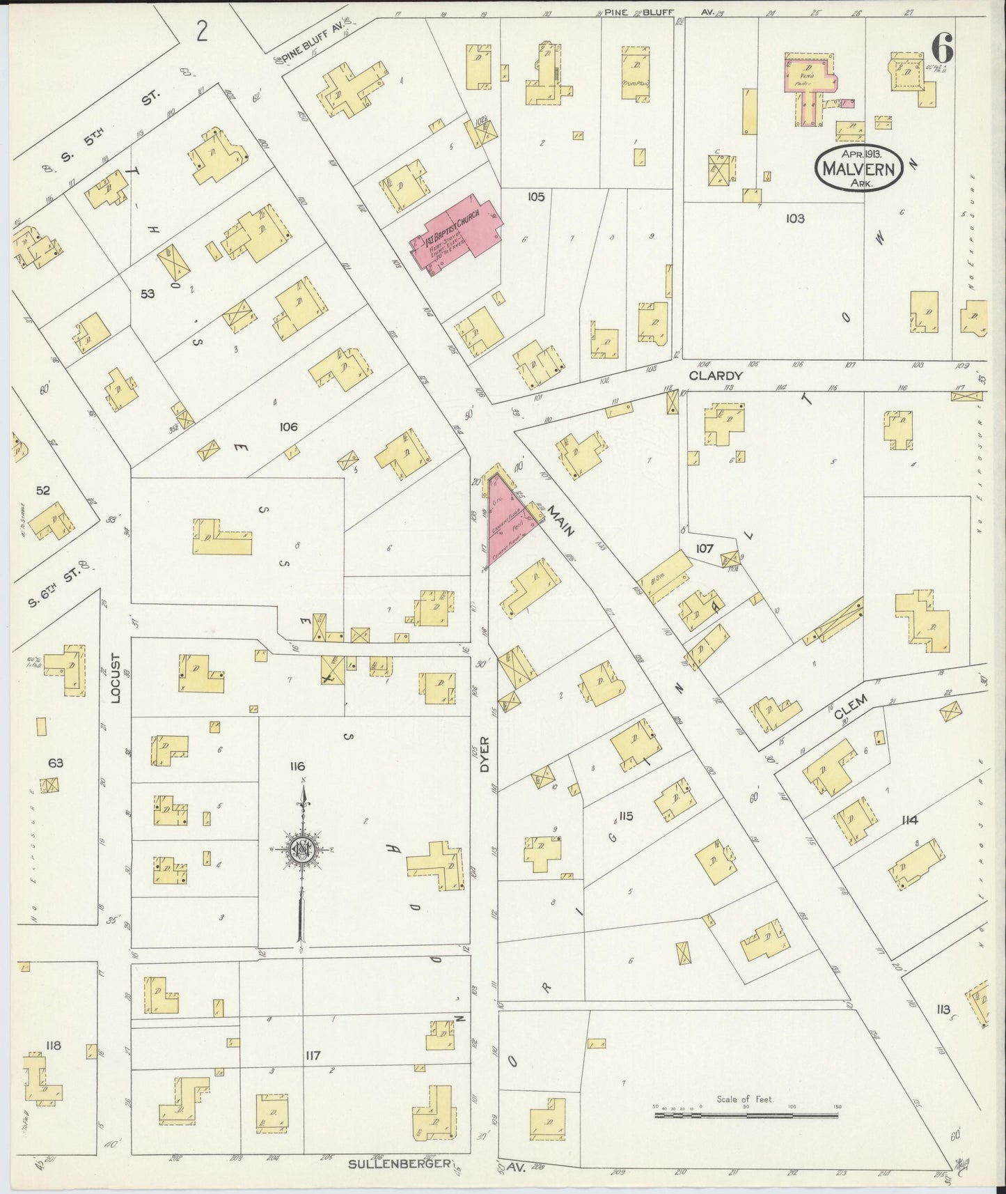 Sanborn Fire Insurance Map from Malvern, Hot Springs County, Arkansas (1913), Sheet #0006 - Complete Map Set gallery image, historic Sanborn map, vintage wall art, Arkansas Arkansas