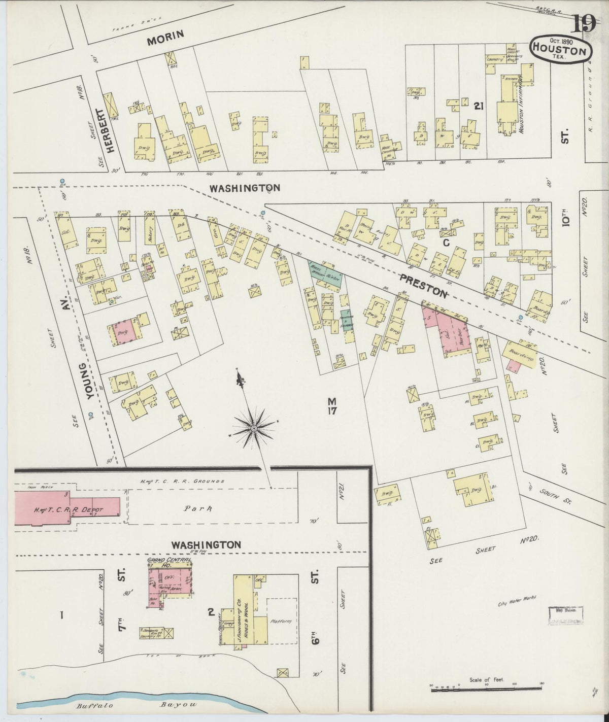 Sanborn Fire Insurance Map from Houston, Harris County, Texas (1890), Sheet #0019 - Historic Sanborn Fire Insurance Map Print, vintage old map wall art, antique decor, genealogy gift, Texas Texas map