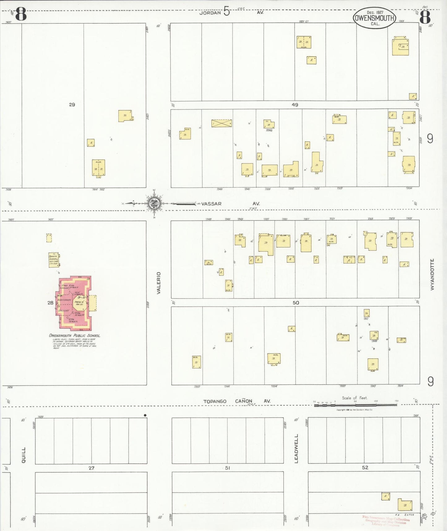 Sanborn Fire Insurance Map from Owensmouth, Los Angeles County, California (1927), Sheet #0008 - Complete Map Set gallery image, historic Sanborn map, vintage wall art, California California