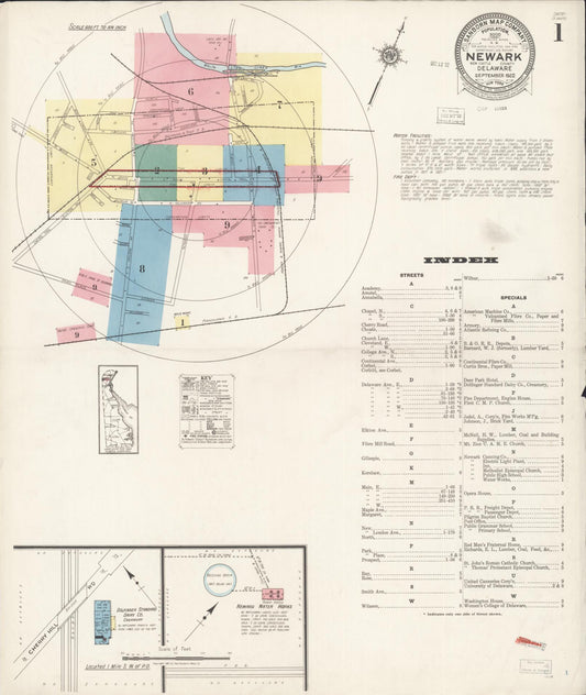Sanborn Fire Insurance Map from Newark, New Castle County, Delaware (1922), Sheet #0001 - Historic Sanborn Fire Insurance Map Print, vintage old map wall art, antique decor, genealogy gift, Delaware Delaware map