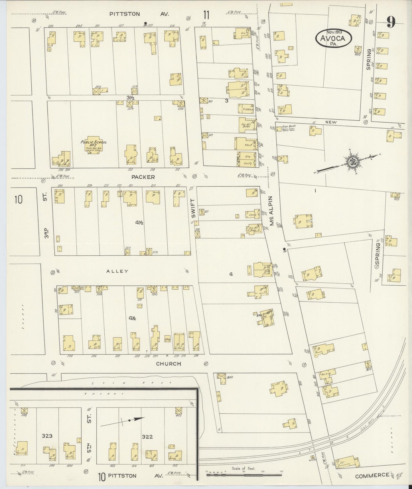 Sanborn Fire Insurance Map from Avoca, Luzerne County, Pennsylvania (1913), Sheet #0009 - Historic Sanborn Fire Insurance Map Print, vintage old map wall art, antique decor, genealogy gift, Pennsylvania Pennsylvania map