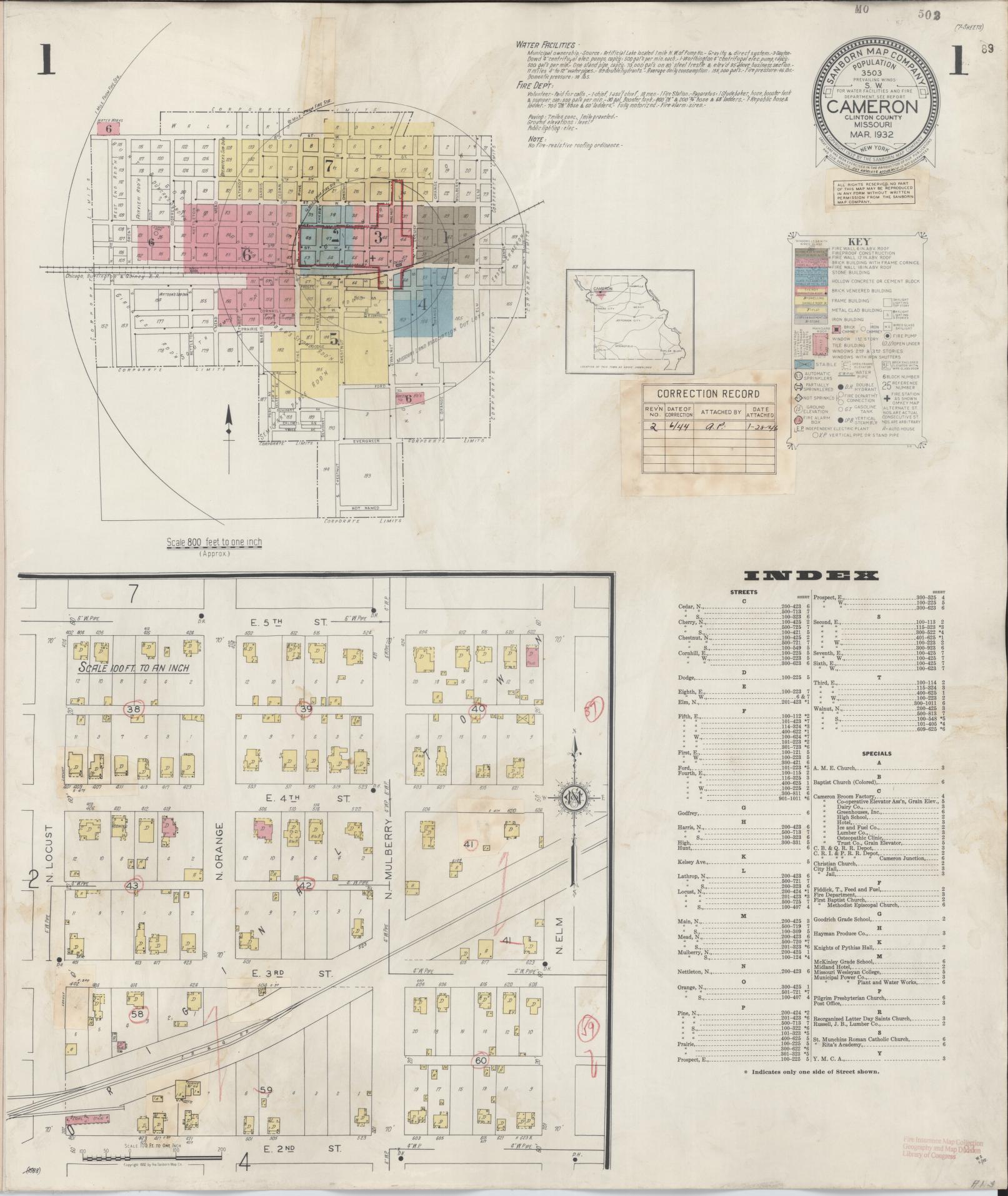 Sanborn Fire Insurance Map from Cameron, Clinton County, Missouri (1944), Sheet #0001 - Historic Sanborn Fire Insurance Map Print, vintage old map wall art, antique decor, genealogy gift, Missouri Missouri map
