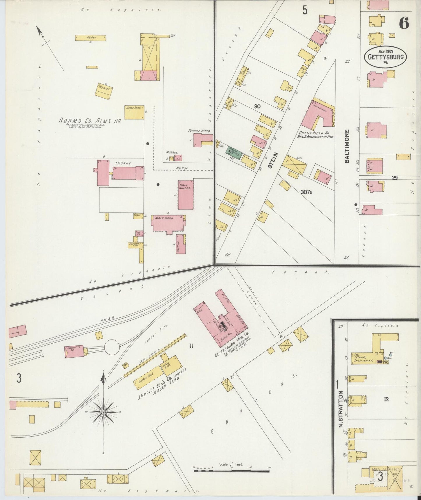 Sanborn Fire Insurance Map from Gettysburg, Adams County, Pennsylvania (1902), Sheet #0006 - Historic Sanborn Fire Insurance Map Print, vintage old map wall art, antique decor, genealogy gift, Pennsylvania Pennsylvania map
