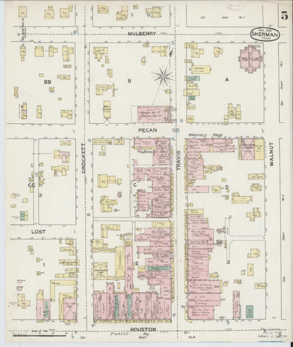 Sanborn Fire Insurance Map from Sherman, Grayson County, Texas (1888), Sheet #0005 - Historic Sanborn Fire Insurance Map Print, vintage old map wall art, antique decor, genealogy gift, Texas Texas map