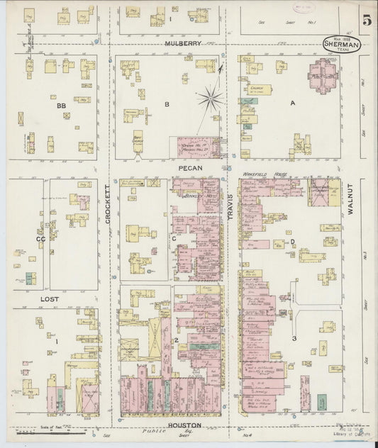 Sanborn Fire Insurance Map from Sherman, Grayson County, Texas (1888), Sheet #0005 - Historic Sanborn Fire Insurance Map Print, vintage old map wall art, antique decor, genealogy gift, Texas Texas map