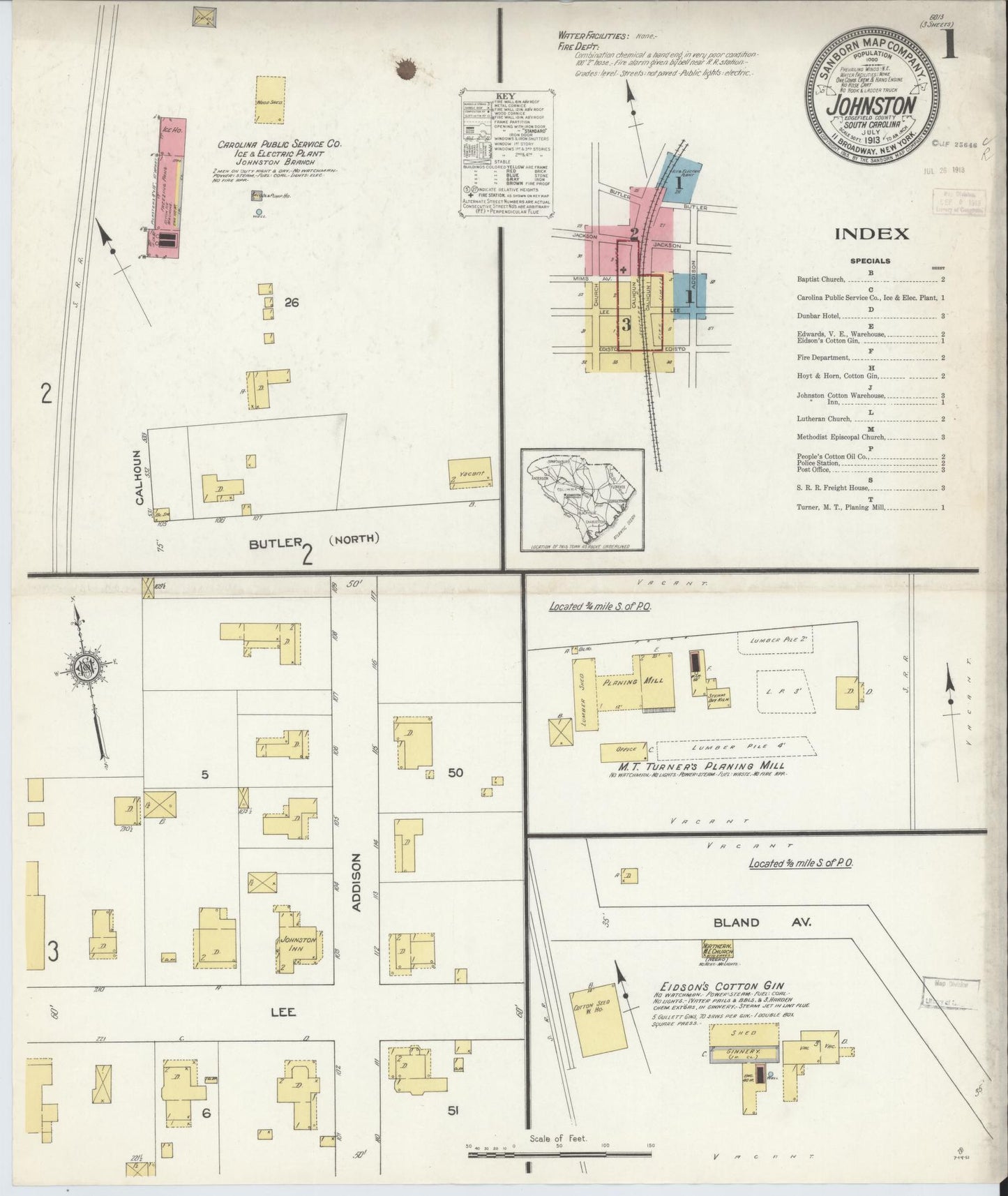 Sanborn Fire Insurance Map from Johnston, Edgefield County, South Carolina. (1913) – Historic Sanborn Fire Insurance Map Print