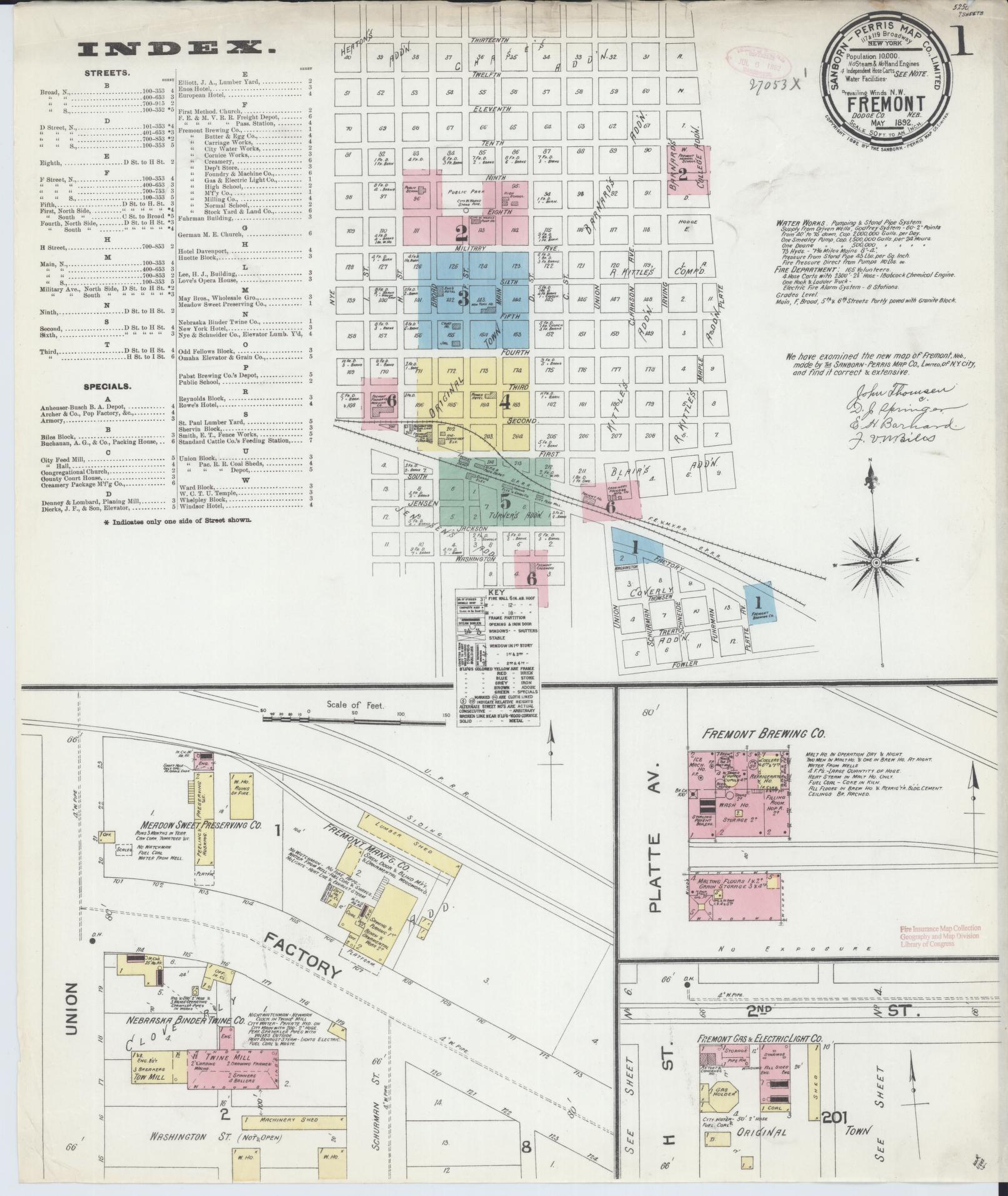 Sanborn Fire Insurance Map from Fremont, Dodge County, Nebraska (1892), Sheet #0001 - Historic Sanborn Fire Insurance Map Print, vintage old map wall art, antique decor, genealogy gift, Nebraska Nebraska map
