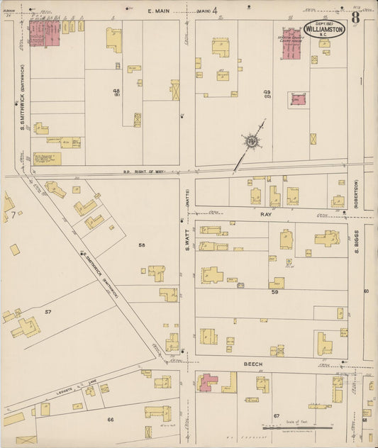 Sanborn Fire Insurance Map from Williamston, Martin County, North Carolina (1921), Sheet #0008 - Historic Sanborn Fire Insurance Map Print, vintage old map wall art, antique decor, genealogy gift, North Carolina North Carolina map