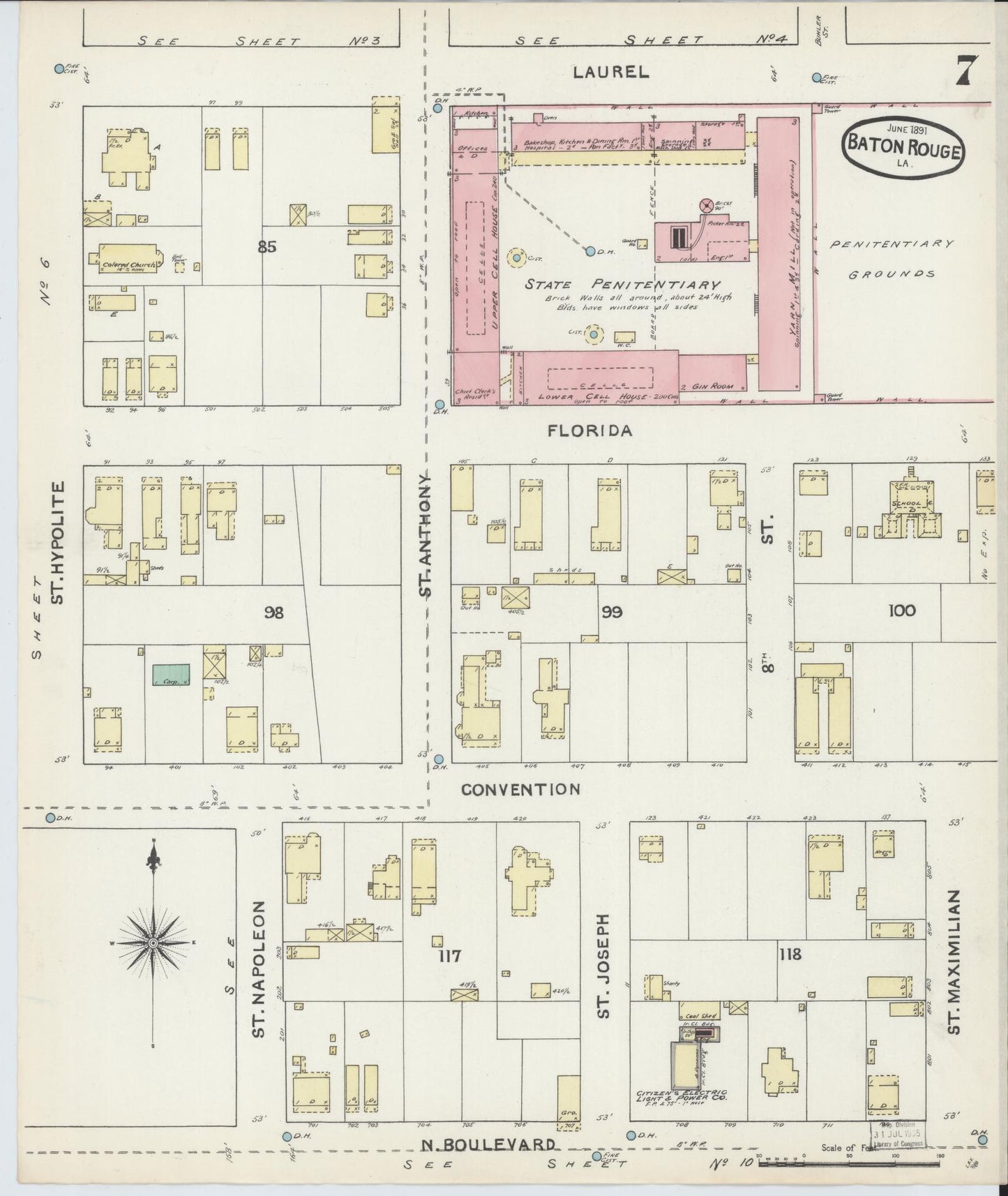 Sanborn Fire Insurance Map from Baton Rouge, East Baton Rouge Parish, Louisiana (1891), Sheet #0007 - Historic Sanborn Fire Insurance Map Print, vintage old map wall art, antique decor, genealogy gift, Louisiana Louisiana map