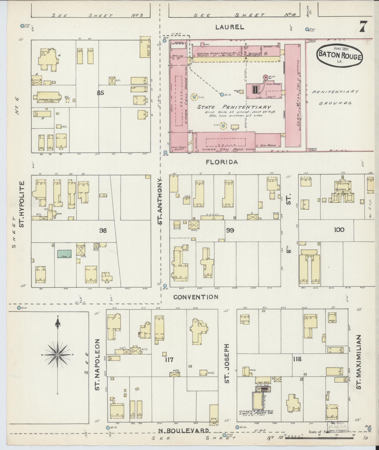 Sanborn Fire Insurance Map from Baton Rouge, East Baton Rouge Parish, Louisiana (1891), Sheet #0007 - Historic Sanborn Fire Insurance Map Print, vintage old map wall art, antique decor, genealogy gift, Louisiana Louisiana map