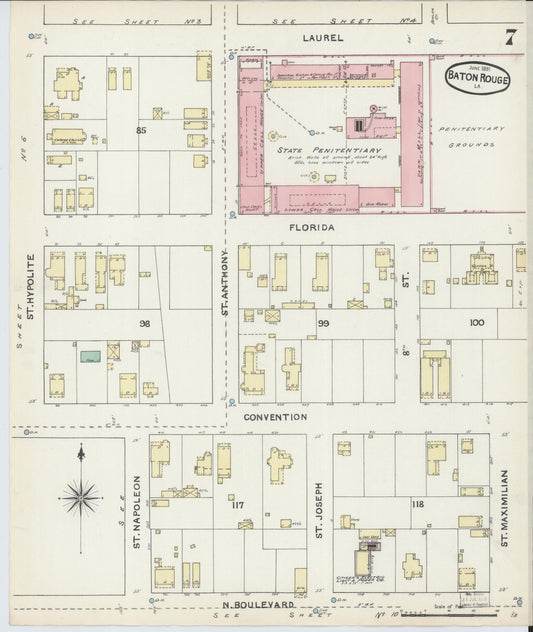 Sanborn Fire Insurance Map from Baton Rouge, East Baton Rouge Parish, Louisiana (1891), Sheet #0007 - Historic Sanborn Fire Insurance Map Print, vintage old map wall art, antique decor, genealogy gift, Louisiana Louisiana map