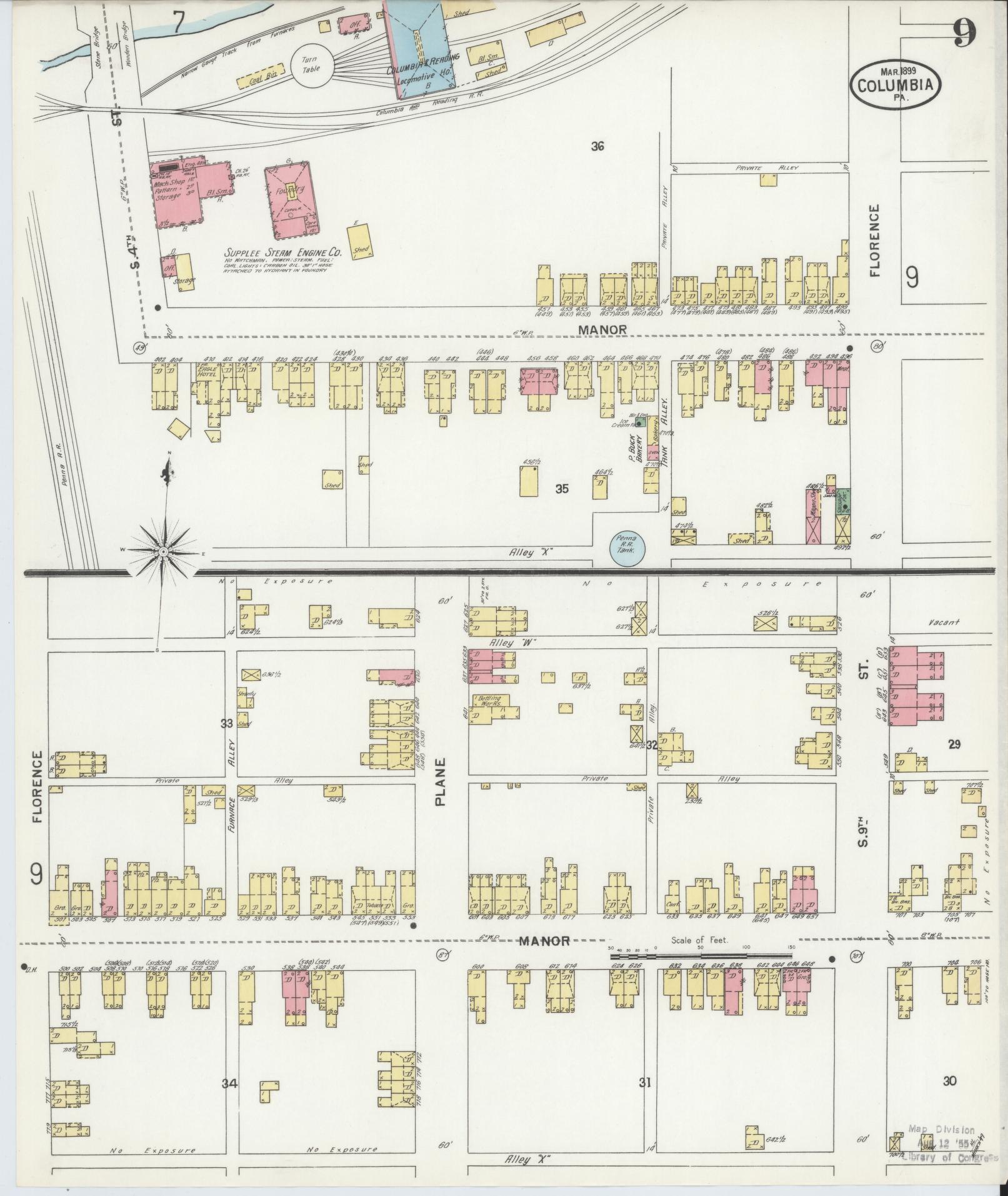 Sanborn Fire Insurance Map from Columbia, Lancaster County, Pennsylvania (1899), Sheet #0009 - Historic Sanborn Fire Insurance Map Print, vintage old map wall art, antique decor, genealogy gift, Pennsylvania Pennsylvania map