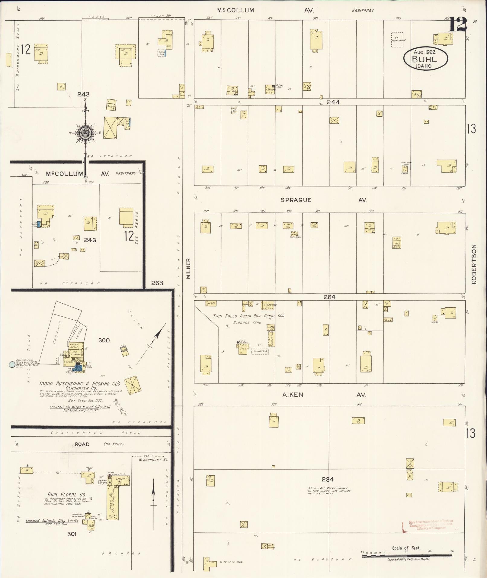 Sanborn Fire Insurance Map from Buhl, Twin Falls County, Idaho (1922), Sheet #0012 - Historic Sanborn Fire Insurance Map Print, vintage old map wall art, antique decor, genealogy gift, Falls Idaho map