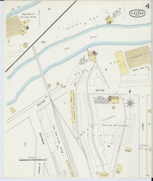 Sanborn Fire Insurance Map from Vassar, Tuscola County, Michigan (1895), Sheet #0004 - Historic Sanborn Fire Insurance Map Print, vintage old map wall art, antique decor, genealogy gift, Michigan Michigan map