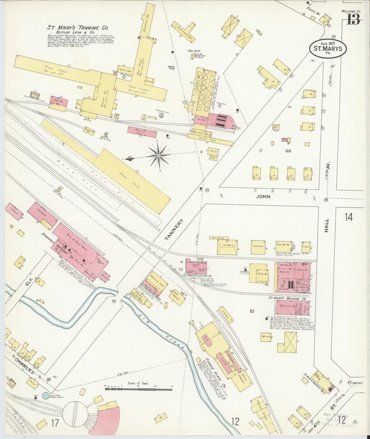 Sanborn Fire Insurance Map from Saint Marys, Elk County, Pennsylvania (1909), Sheet #0013 - Historic Sanborn Fire Insurance Map Print, vintage old map wall art, antique decor, genealogy gift, Pennsylvania Pennsylvania map