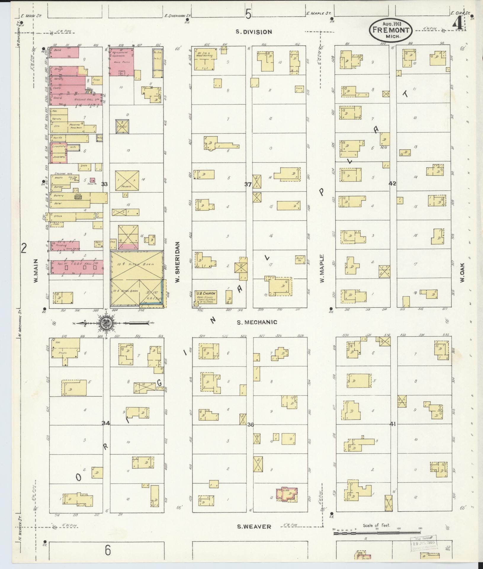 Sanborn Fire Insurance Map from Fremont, Newaygo County, Michigan (1911), Sheet #0004 - Historic Sanborn Fire Insurance Map Print, vintage old map wall art, antique decor, genealogy gift, Michigan Michigan map