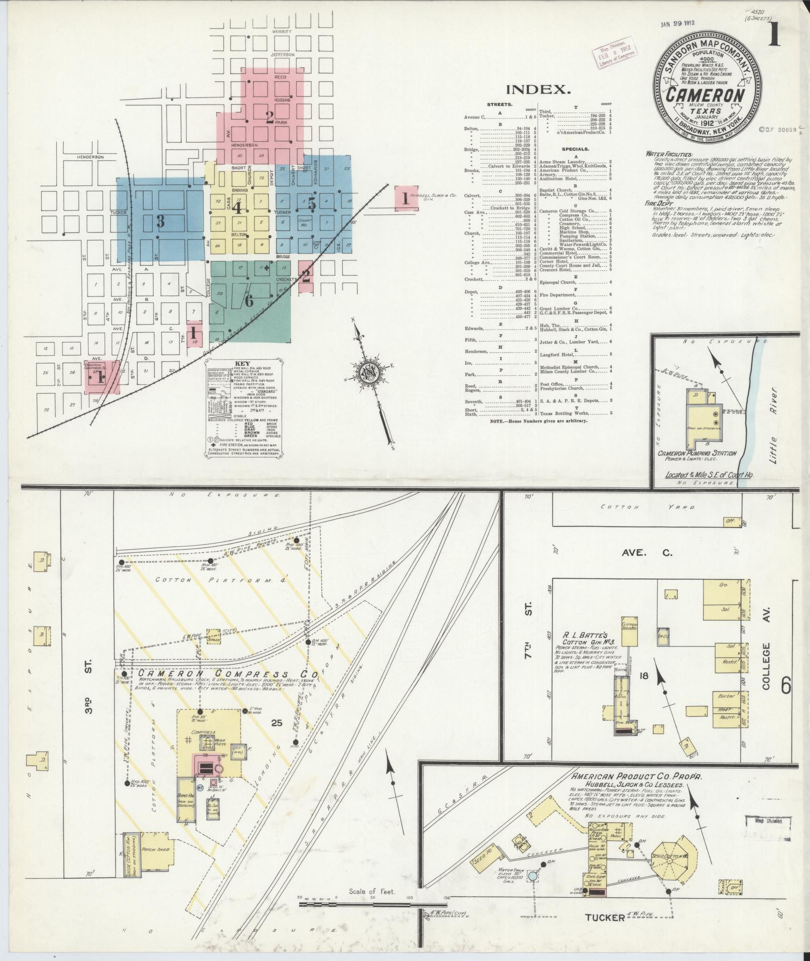 Sanborn Fire Insurance Map from Cameron, Milam County, Texas (1912), Sheet #0001 - Complete Map Set gallery image, historic Sanborn map, vintage wall art, Texas Texas