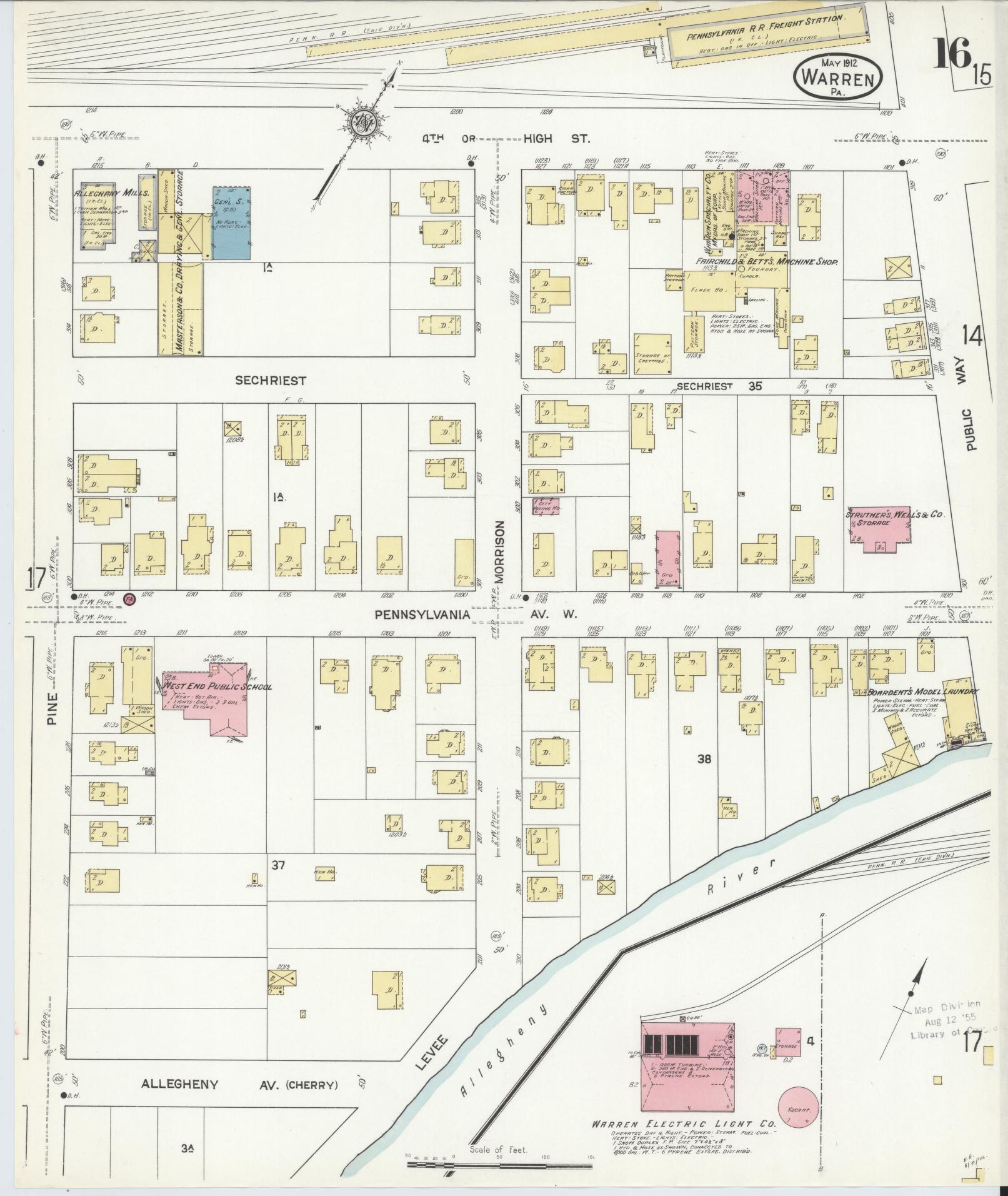 Sanborn Fire Insurance Map from Warren, Warren County, Pennsylvania (1912), Sheet #0016 - Historic Sanborn Fire Insurance Map Print, vintage old map wall art, antique decor, genealogy gift, Pennsylvania Pennsylvania map