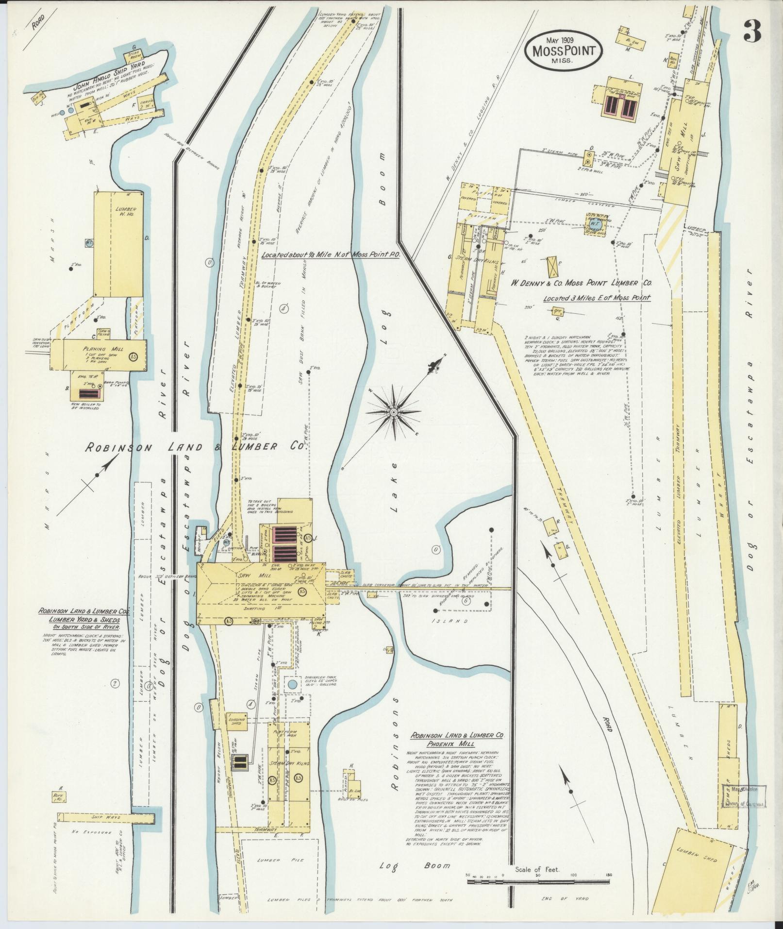 Sanborn Fire Insurance Map from Moss Point, Jackson County, Mississippi (1909), Sheet #0003 - Complete Map Set gallery image, historic Sanborn map, vintage wall art, Mississippi Mississippi