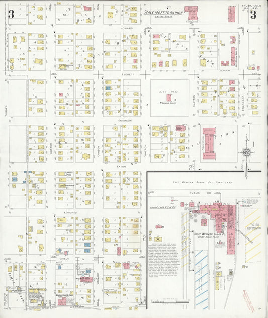 Sanborn Fire Insurance Map from Brush, Morgan County, Colorado (1933), Sheet #0003 - Historic Sanborn Fire Insurance Map Print, vintage old map wall art, antique decor, genealogy gift, Colorado Colorado map