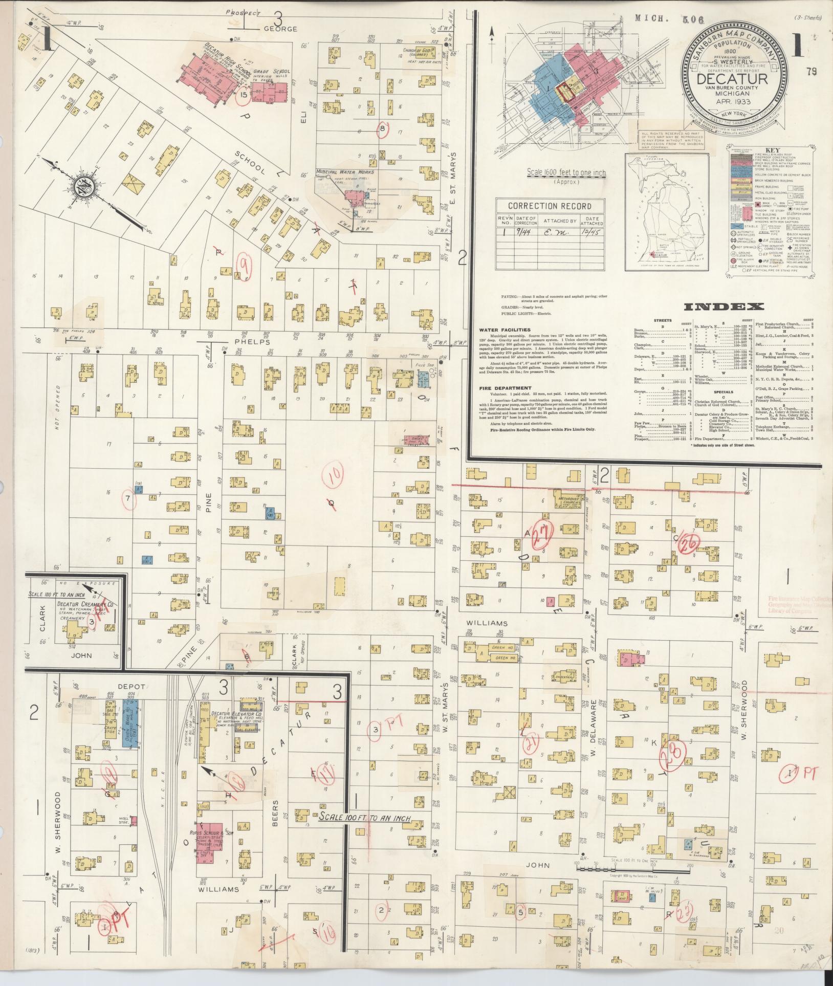 Sanborn Fire Insurance Map from Decatur, Van Buren County, Michigan (1944), Sheet #0001 - Historic Sanborn Fire Insurance Map Print, vintage old map wall art, antique decor, genealogy gift, Michigan Michigan map