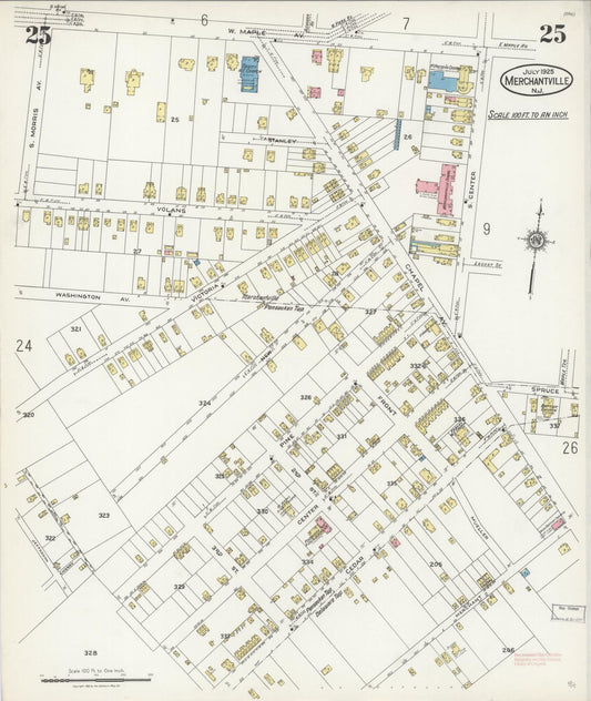 Sanborn Fire Insurance Map from Merchantville, Camden County, New Jersey (1925), Sheet #0025 - Historic Sanborn Fire Insurance Map Print, vintage old map wall art, antique decor, genealogy gift, New Jersey New Jersey map