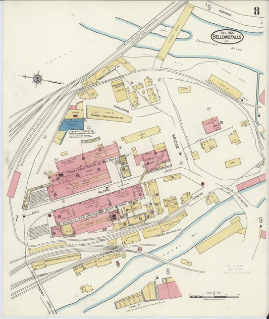 Sanborn Fire Insurance Map from Bellows Falls, Windham County, Vermont (1920), Sheet #0008 - Historic Sanborn Fire Insurance Map Print, vintage old map wall art, antique decor, genealogy gift, Vermont Vermont map