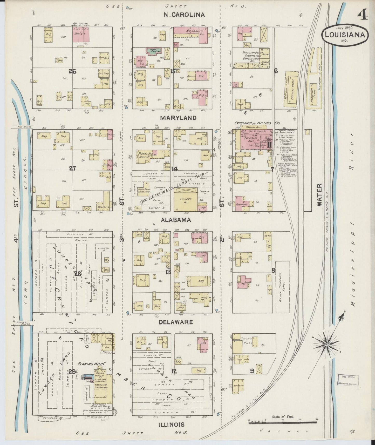 Sanborn Fire Insurance Map from Louisiana, Pike County, Missouri (1890), Sheet #0004 - Complete Map Set gallery image, historic Sanborn map, vintage wall art, Missouri Missouri