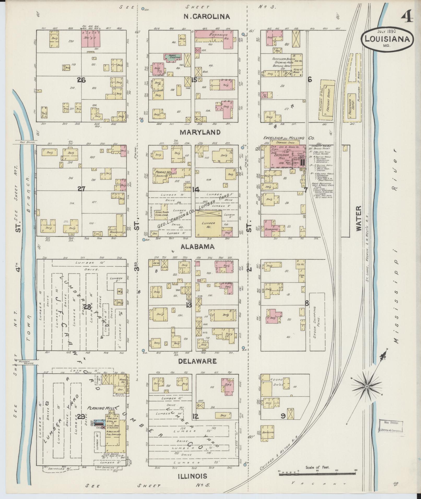 Sanborn Fire Insurance Map from Louisiana, Pike County, Missouri (1890), Sheet #0004 - Complete Map Set gallery image, historic Sanborn map, vintage wall art, Missouri Missouri