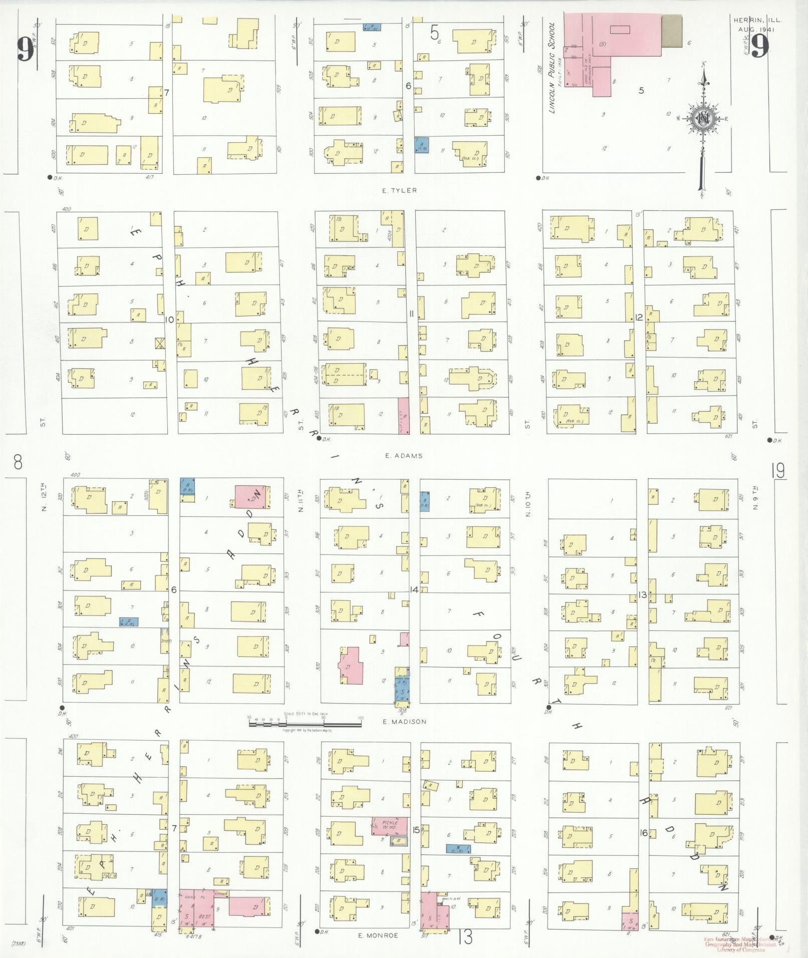 Sanborn Fire Insurance Map from Herrin, Williamson County, Illinois (1941), Sheet #0009 - Complete Map Set gallery image, historic Sanborn map, vintage wall art, Illinois Illinois
