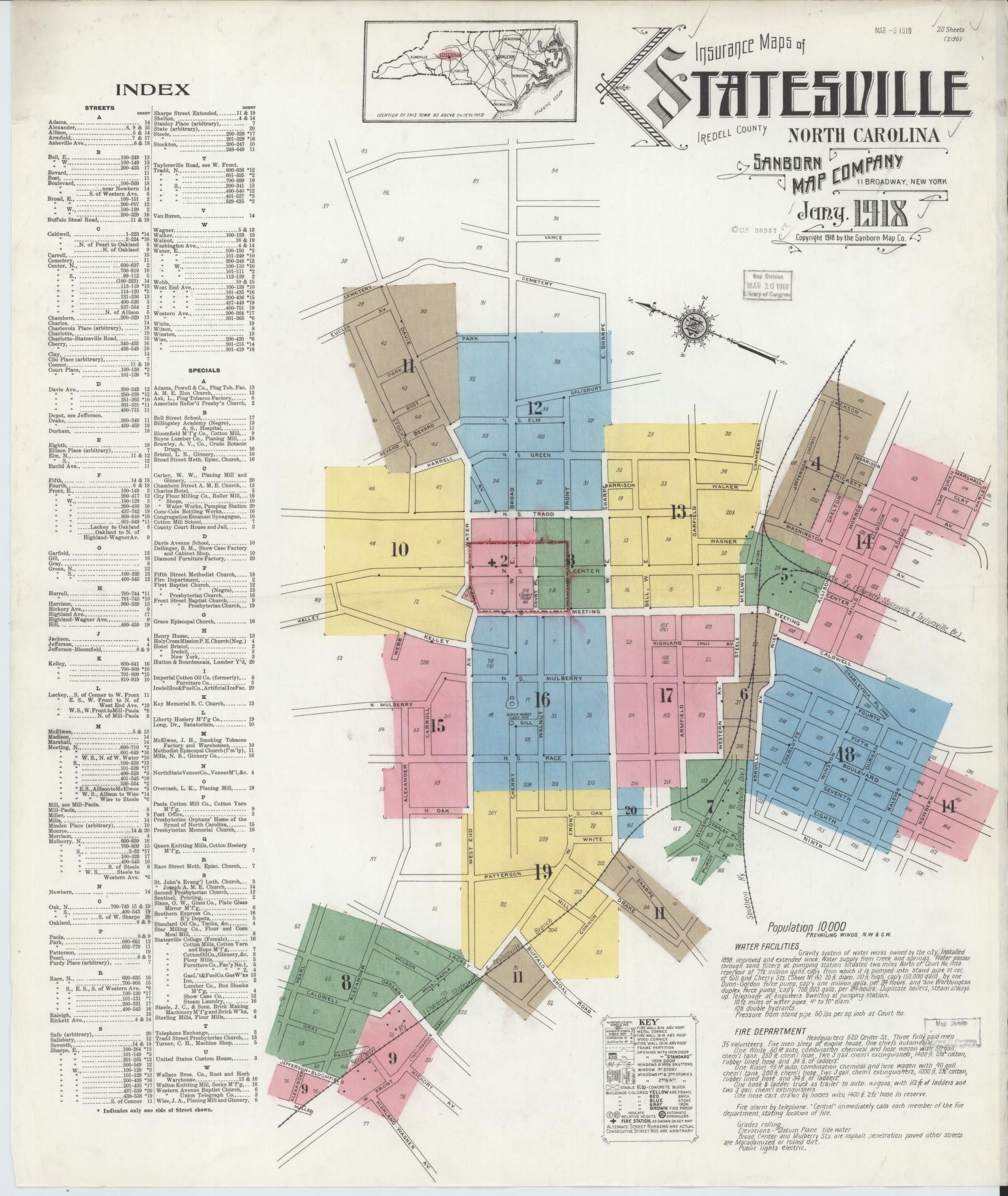 Sanborn Fire Insurance Map from Statesville, Iredell County, North Carolina (1918), Sheet #0001 - Complete Map Set gallery image, historic Sanborn map, vintage wall art, North Carolina North Carolina