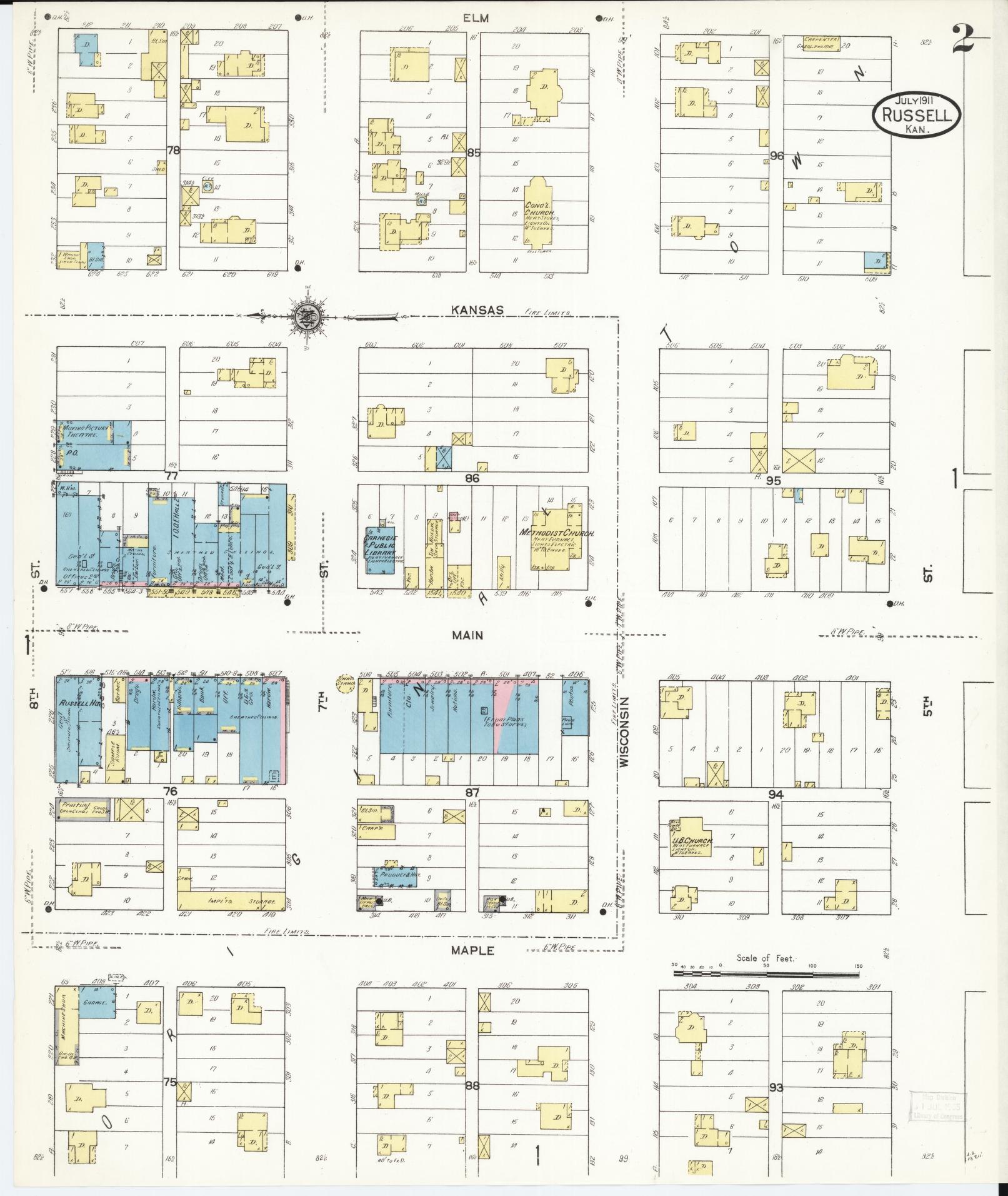 Sanborn Fire Insurance Map from Russell, Russell County, Kansas (1911), Sheet #0002 - Historic Sanborn Fire Insurance Map Print, vintage old map wall art, antique decor, genealogy gift, Kansas Kansas map