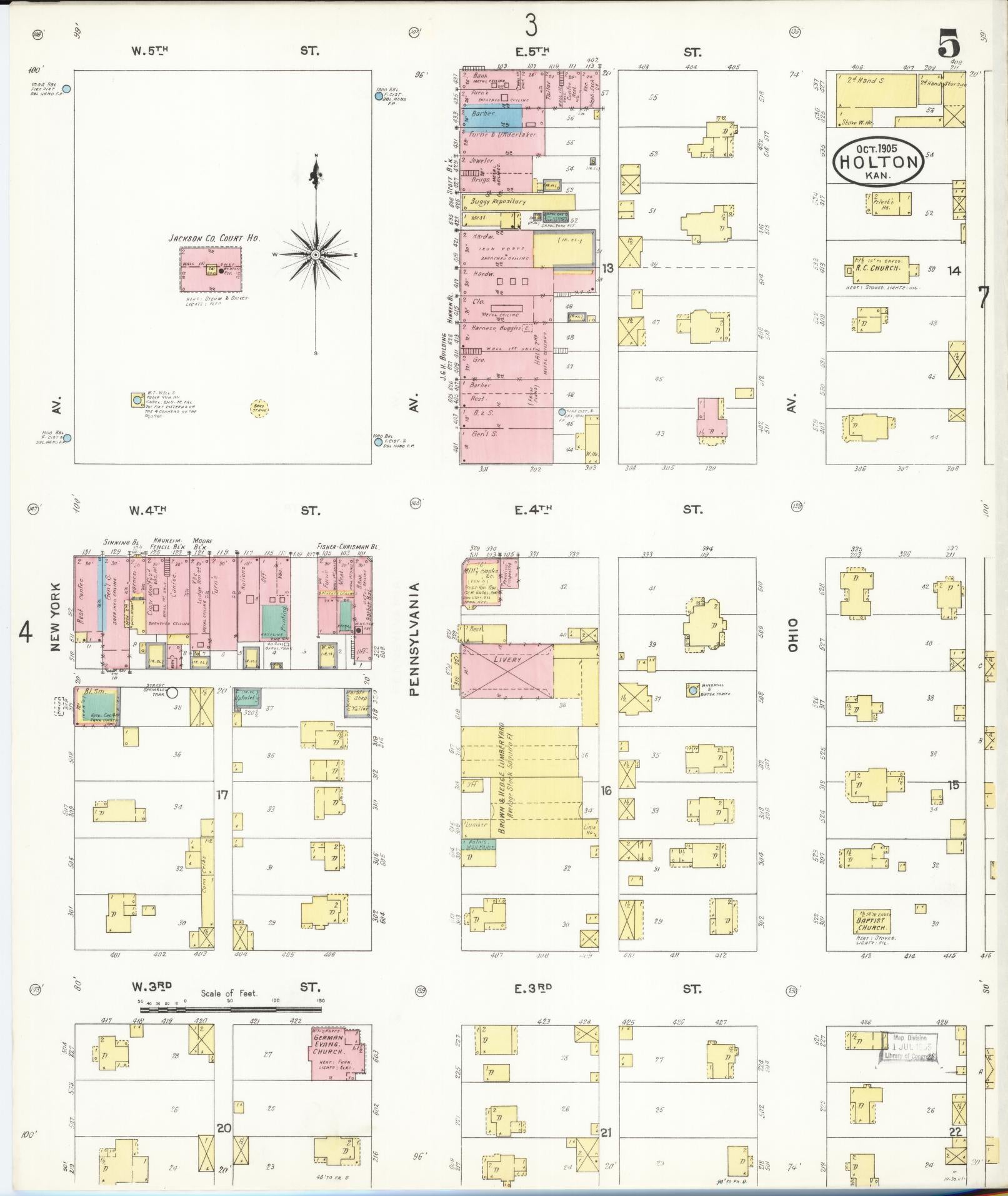 Sanborn Fire Insurance Map from Holton, Jackson County, Kansas (1905), Sheet #0005 - Historic Sanborn Fire Insurance Map Print, vintage old map wall art, antique decor, genealogy gift, Kansas Kansas map