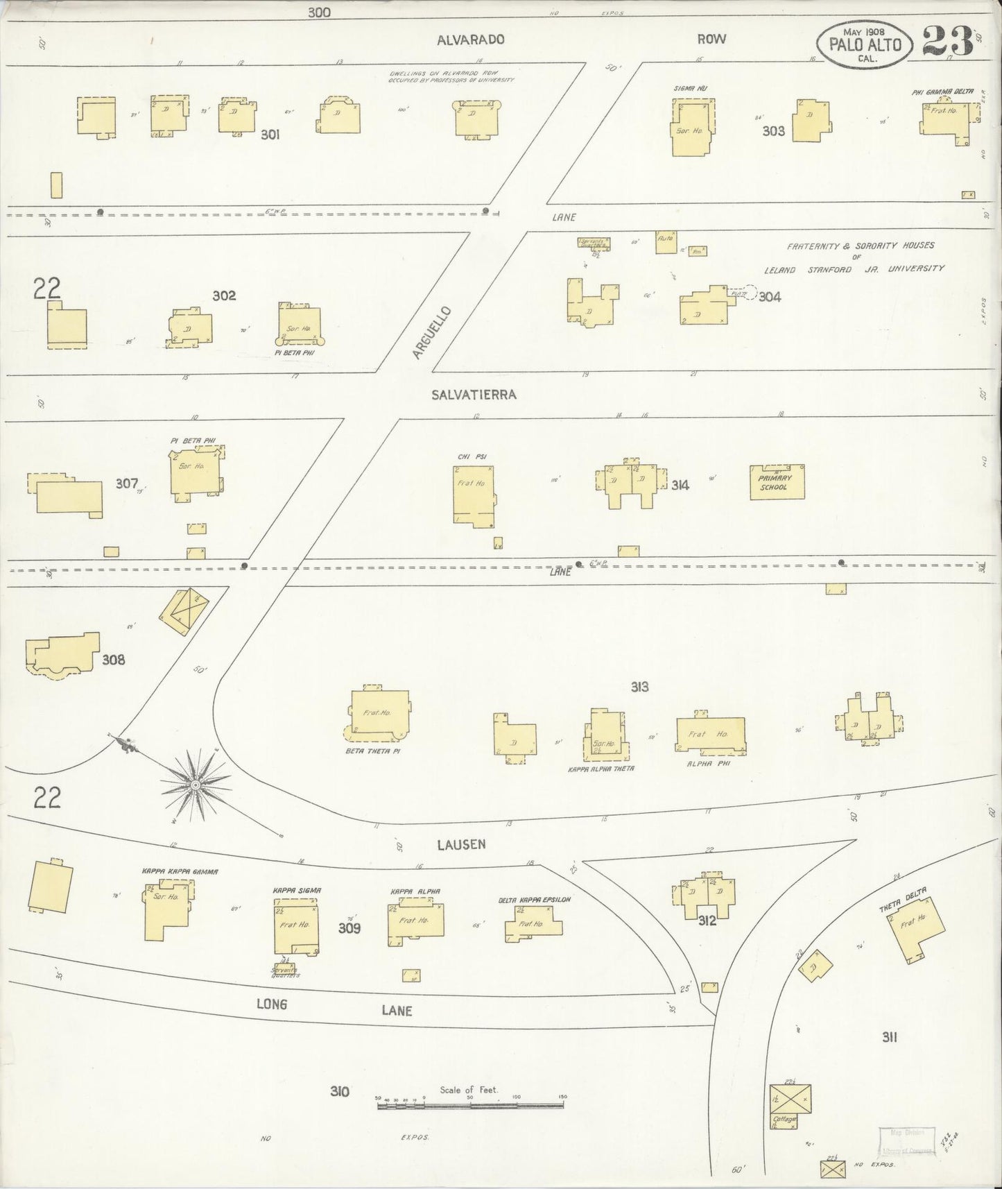 Sanborn Fire Insurance Map from Palo Alto, Santa Clara County, California (1908), Sheet #0023 - Complete Map Set gallery image, historic Sanborn map, vintage wall art, California California