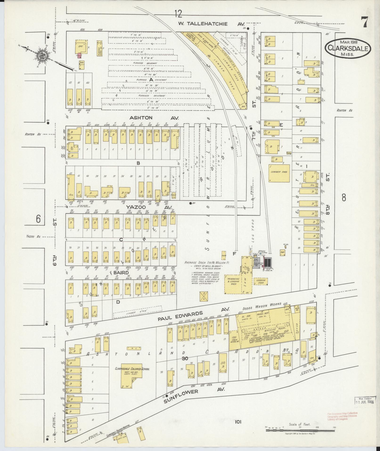 Sanborn Fire Insurance Map from Clarksdale, Coahoma County, Mississippi (1918), Sheet #0007 - Historic Sanborn Fire Insurance Map Print, vintage old map wall art, antique decor, genealogy gift, Mississippi Mississippi map