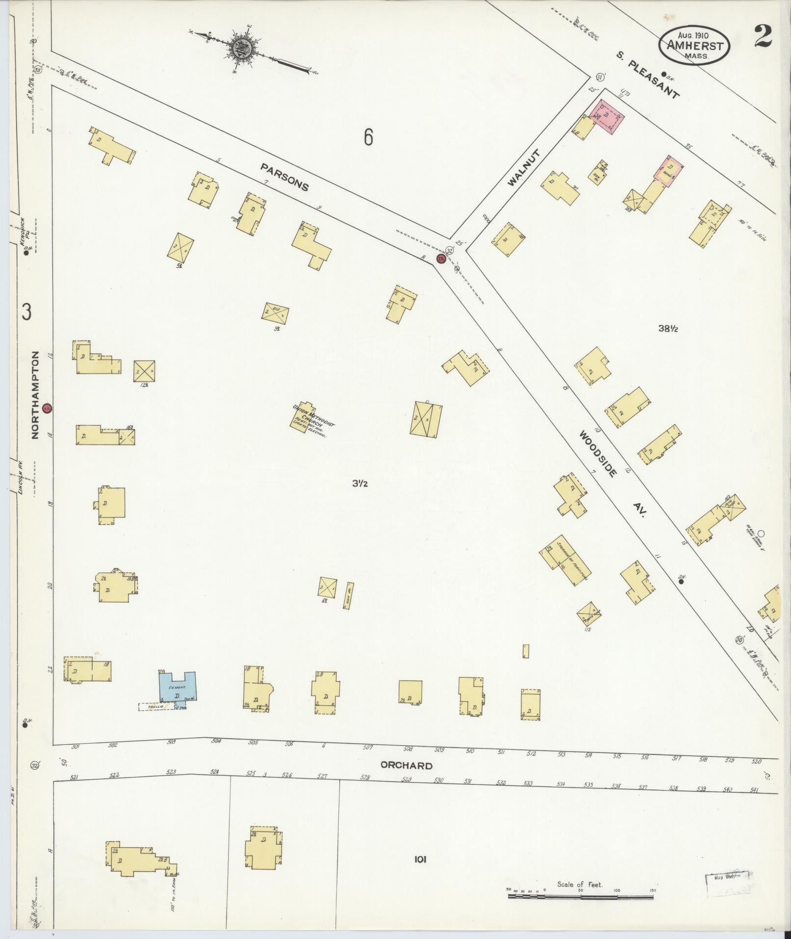 Sanborn Fire Insurance Map from Amherst, Hampshire County, Massachusetts (1910), Sheet #0002 - Historic Sanborn Fire Insurance Map Print, vintage old map wall art, antique decor, genealogy gift, Massachusetts Massachusetts map