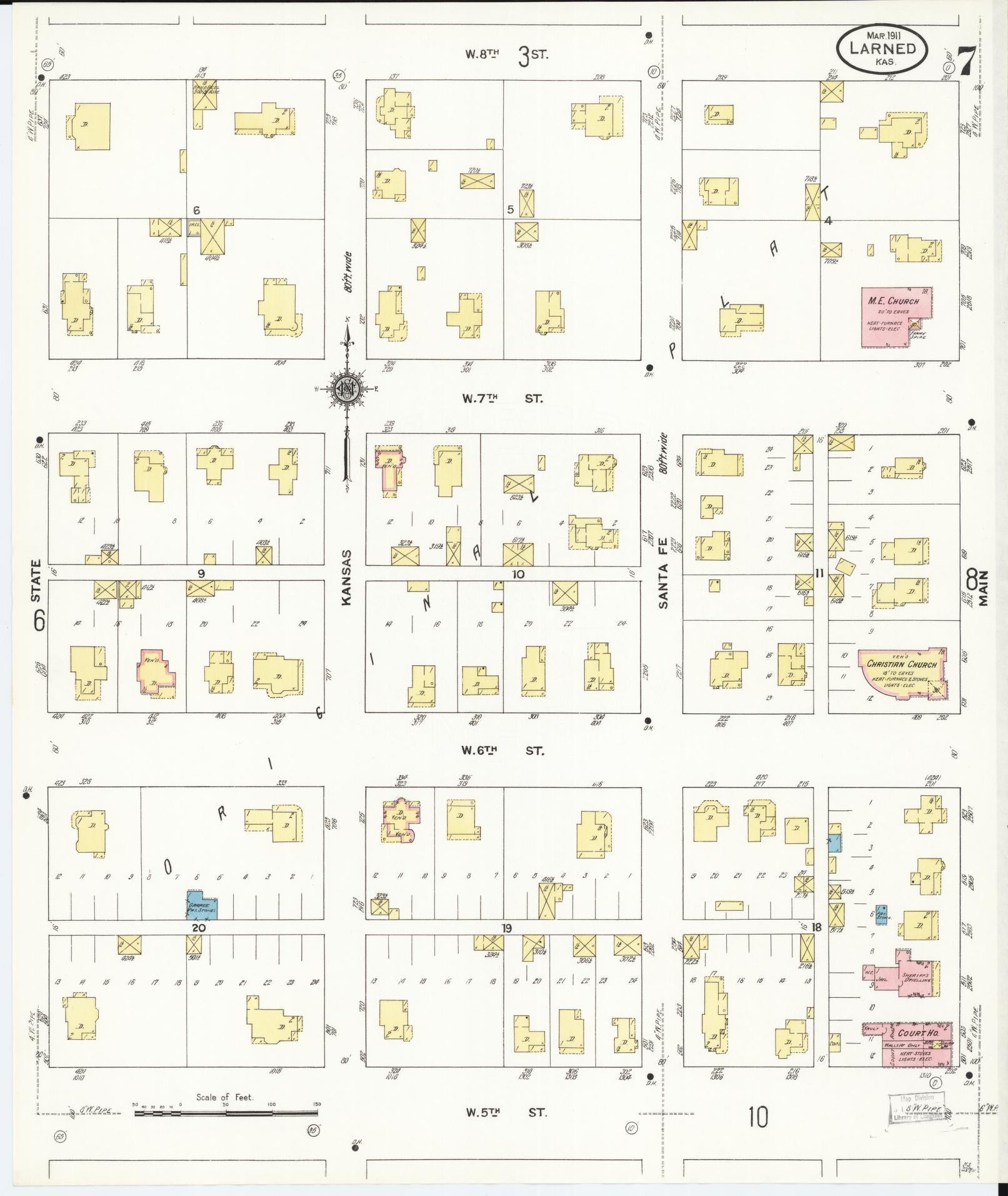 Sanborn Fire Insurance Map from Larned, Pawnee County, Kansas (1911), Sheet #0007 - Complete Map Set gallery image, historic Sanborn map, vintage wall art, Kansas Kansas