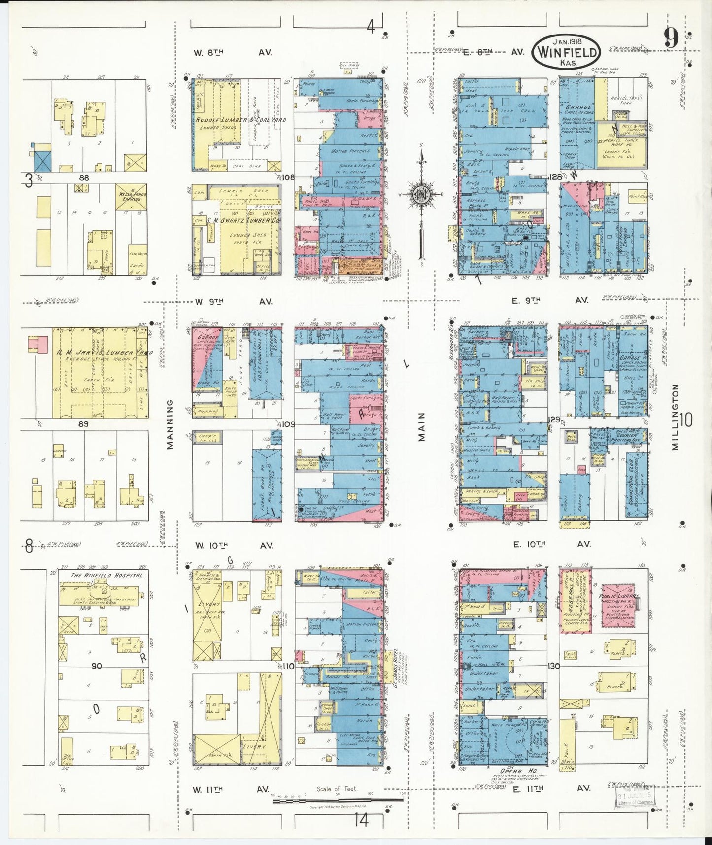 Sanborn Fire Insurance Map from Winfield, Cowley County, Kansas (1918), Sheet #0009 - Historic Sanborn Fire Insurance Map Print, vintage old map wall art, antique decor, genealogy gift, Kansas Kansas map