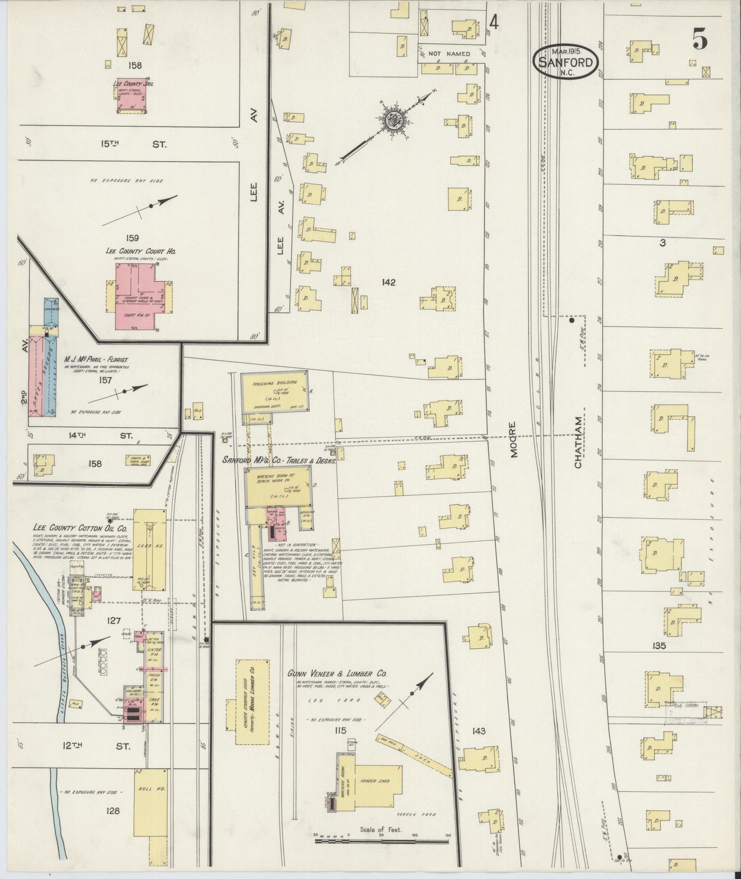 Sanborn Fire Insurance Map from Sanford, Lee County, North Carolina (1915), Sheet #0005 - Complete Map Set gallery image, historic Sanborn map, vintage wall art, North Carolina North Carolina