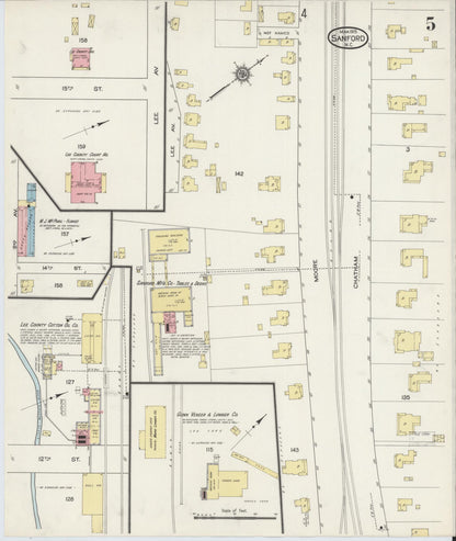 Sanborn Fire Insurance Map from Sanford, Lee County, North Carolina (1915), Sheet #0005 - Complete Map Set gallery image, historic Sanborn map, vintage wall art, North Carolina North Carolina