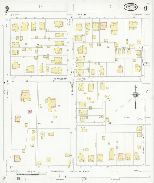 Sanborn Fire Insurance Map from Tyler, Smith County, Texas (1928), Sheet #0009 - Historic Sanborn Fire Insurance Map Print, vintage old map wall art, antique decor, genealogy gift, Texas Texas map