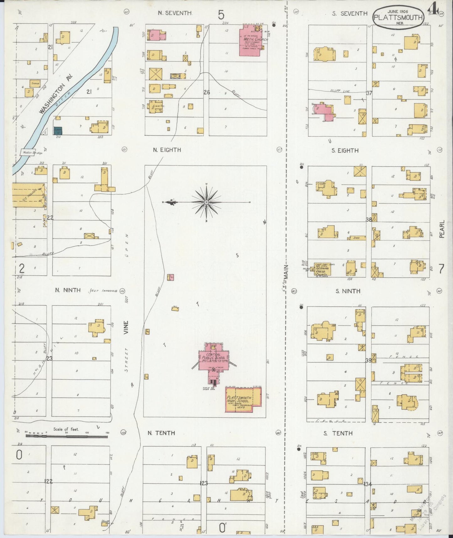 Sanborn Fire Insurance Map from Plattsmouth, Cass County, Nebraska (1906), Sheet #0004 - Historic Sanborn Fire Insurance Map Print, vintage old map wall art, antique decor, genealogy gift, Nebraska Nebraska map