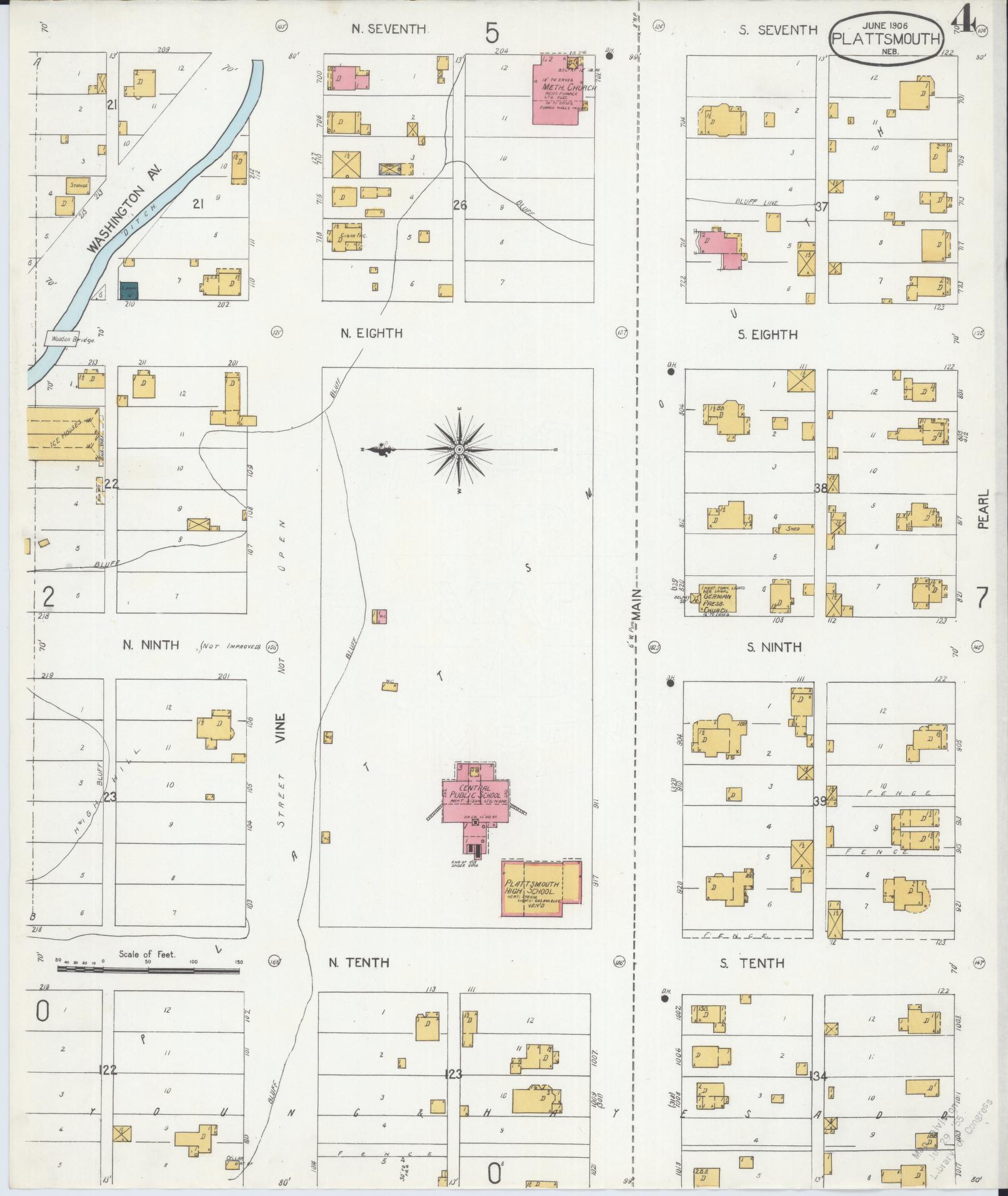 Sanborn Fire Insurance Map from Plattsmouth, Cass County, Nebraska (1906), Sheet #0004 - Historic Sanborn Fire Insurance Map Print, vintage old map wall art, antique decor, genealogy gift, Nebraska Nebraska map