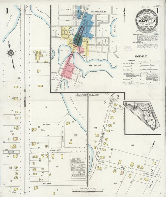Sanborn Fire Insurance Map from Umatilla, Lake County, Florida (1925), Sheet #0001 - Historic Sanborn Fire Insurance Map Print, vintage old map wall art, antique decor, genealogy gift, Florida Florida map