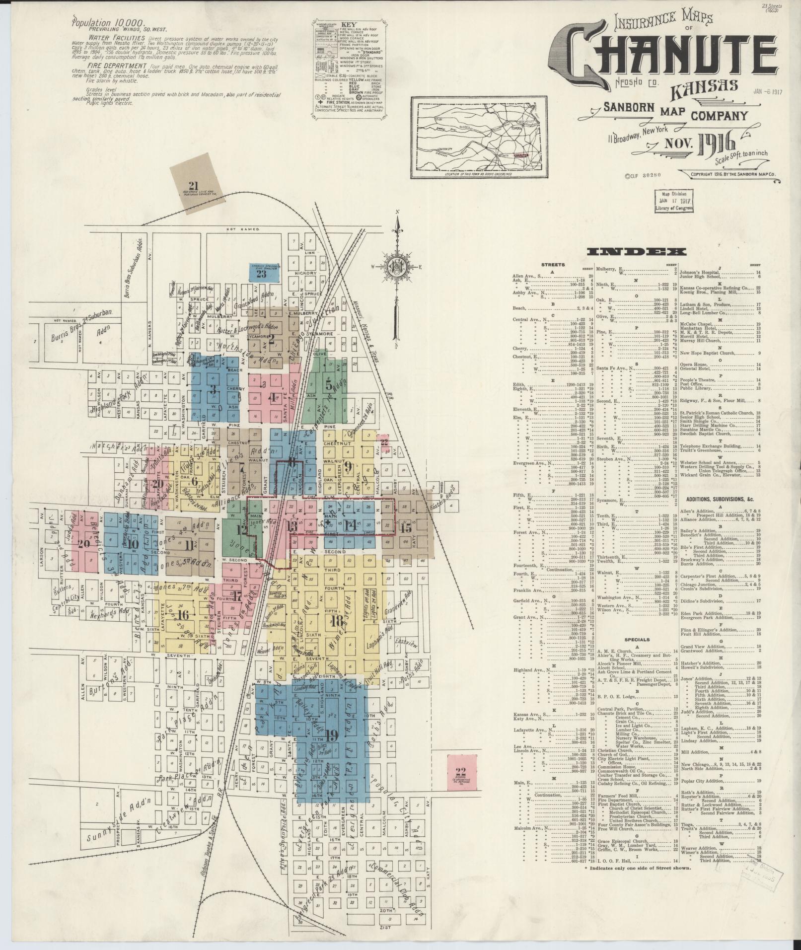 Sanborn Fire Insurance Map from Chanute, Neosho County, Kansas (1916), Sheet #0001 - Complete Map Set gallery image, historic Sanborn map, vintage wall art, Kansas Kansas